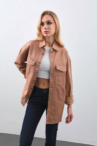 Kadın Oversize Jean Gömlek Bej 001