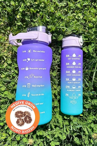 Pikas Motivasyonel 2li Su Matarası Su Şişesi Suluk 2 Lt 900ml Yavrulu Spor Salonu Su Şişesi Sticker Hediye Çok Renkli