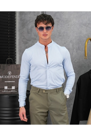 Modefendi %100 Pamuklu Slimfit Gizli Kanun Yaka Gömlek Mavi