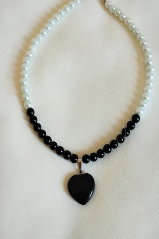 Bade Accessories 6 M Oniks Cam İnci Doğaltaş Kalp Choker Kolye Gümüş
