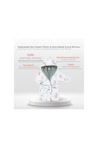 Gezenbebe Hero Desenli Müslin Ve Havlu Bebek Çocuk Bornozu Elephant