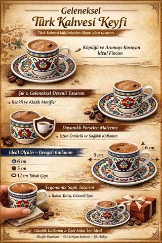 Renkli Desenli Porselen Türk Kahvesi Fincan Takımı, 2'li Set, Geleneksel Kahve Kültürünü Yansıtan Şık Fincan V Çok Renkli