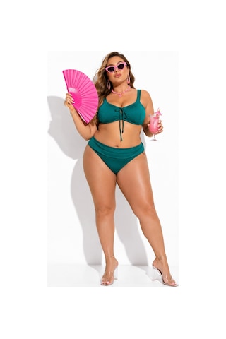 Büyük Beden Sabit Kaplı Telli Desenli Üst Bağcık Detaylı Yüksek Bel Kadın Bikini Takımı Yeşil
