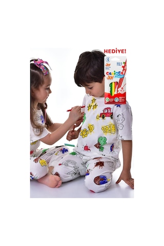 Zuzunga En Sevimli Figürleri Özel Kalemi İle Boyanabilir Çocuk Pijama Takımı Yıkama Sonrası Leke Bırakmaz Beyaz