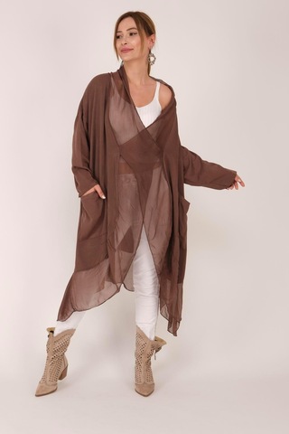 Bohem Stil Italyan Ipek Detaylı Oversize Kaftan & Bluz-8711 Kahverengi