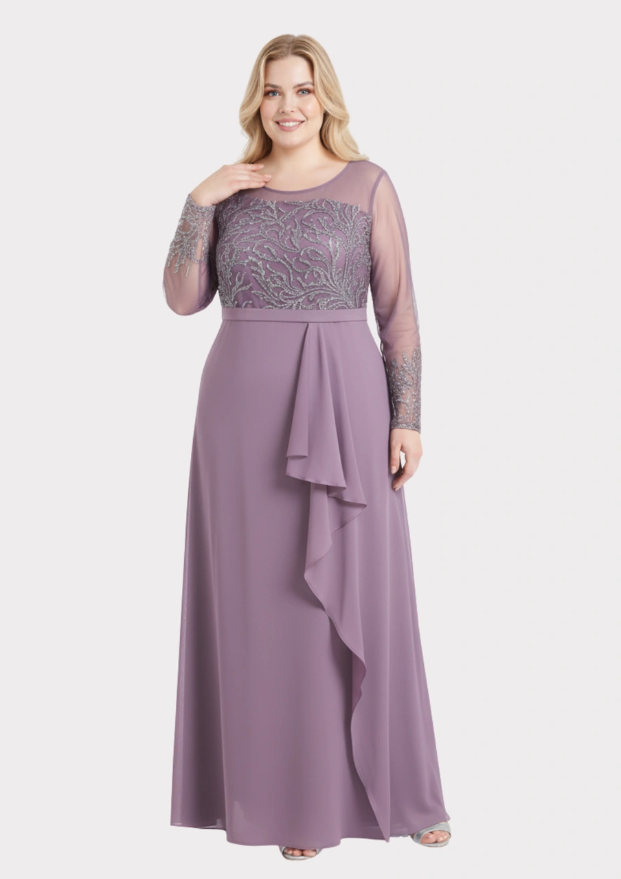 Lilas Xxl Büyük Beden Glitter Baskı Fırfırlı Lavanta Renkli Abiye Elbise Lavanta