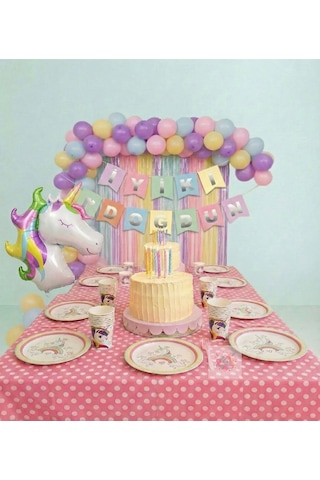 Unicorn Doğum Günü Lüks Set Makaron Balon Seti 50 Parça + Banner + Unicorn Balon Çok Renkli