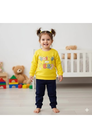 Kız Bebek Baskılı Çıt Çıtlı Alt Üst İkili Gündelik Takım 6-18 Ay Sari