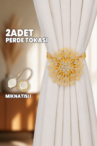 2 Adet Perde Tokası - Mıknatıslı - Çiçek Motifli - Perde Tutacağı - Perde Tutucu Altın