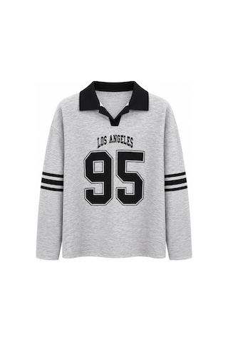 Mixray 2258 Kadın Los Angeles 95 Baskılı Polo Yaka Sweatshirt Gri