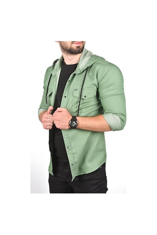 Deepsea Erkek Yeşil Kapüşonlu Slim Fit Dar Kesim Gömlek Likralı Pamuklu Likralı Kot Gömlek 2300396 Yeşil