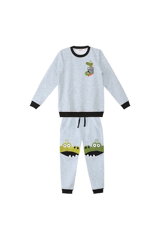 Denokids Erkek Çocuk Kışlık Timsah Desenli Gri Uzun Kollu Eşofman Takımı 2-7 Yaş