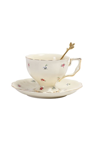 Lemestar Porselen Kahve Fincan Seti 250ml - Büyük Kapasite, Gümüş Kenar, Tabak Ve Kaşık İçeren Fransız Stil Servis Seti Beyaz