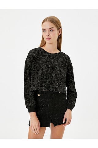 Koton Crop Oversize Tüvit Sweatshirt Uzun Kollu Bisiklet Yaka Siyah 4wal10673ık Siyah