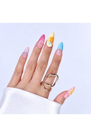 Takma Tırnak Renkli Nail Art Uzun Badem - 10'lu Tekrar Kullanılabilir El Yapımı Protez Takma Tırnak Eubd3043 M