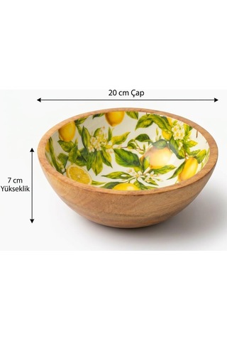 Tr Mango Ağacı Kase 20 Cm, Limon Desenli İç Yüzey, 7 Cm Yükseklik, Geniş Servis Alanlı Ahşap Sunum Kasesi, Kahv