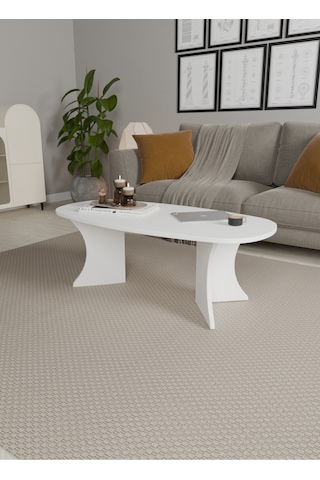 Oval Orta Sehpa Geniş Yüzeyli, Stabil Ayaklı Modern Salon Sehpası Beyaz