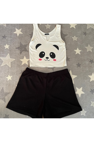 River Island River İsland Panda Desenli Ekstra Dar Kalıp Kadın Pijama Takımı Beyaz - Siyah