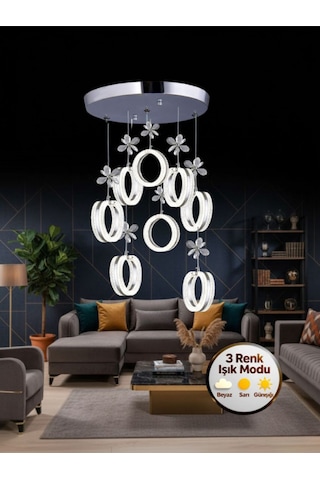 Aurea Model 8"li Kristal Taşlı Gümüş 3 Renk Modu Ledli Salon Mutfak Oturma Odası Sarkıt Led Avize Gümüş