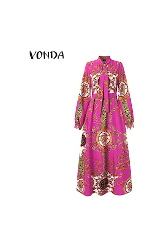 Gül Vonda Kadın Balıkçı Yaka Uzun Puf Kol Günlük Gevşek Uzun Elbise M Gül