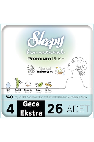 Sleepy Bio Natural Premium Plus Hijyenik Ped Gece Extra 26'lı