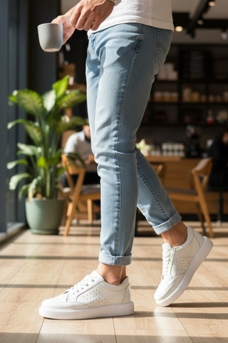 Enoch Hakiki Deri Yan Panel Havalandırma Detaylı Günlük Erkek Sneaker Comfort Taban Beyaz