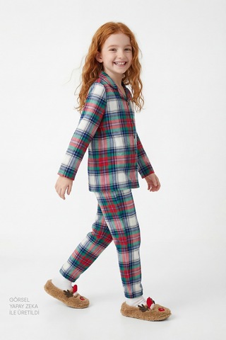 Penti Unisex Çocuk Ekoseli Light Uzun Kollu Düğmeli Pamuklu Pijama Takımı Çok Renkli