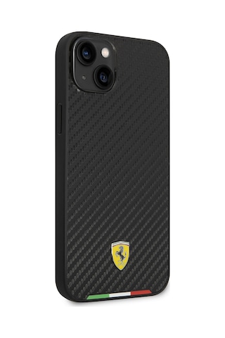 İphone Uyumlu 14 Plus Kılıf Ferrari Lisanslı Magsafe Uyumlu Karbon İtalyan Bayrak Dizayn Kapak Siyah