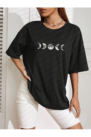 Moon Phase T-shirt - Siyah Baskılı Oversize Bisiklet Yaka Kısa Kol SIYAH
