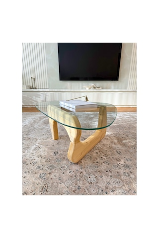 Orta Sehpa - Naturel Renkli Asimetrik Model 90x65 Cm Temperli Cam Ahşap