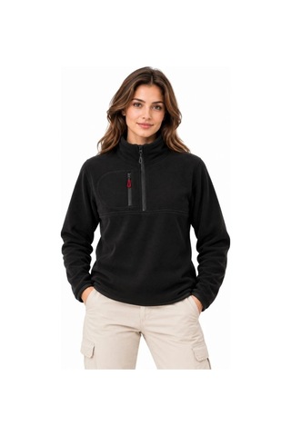 Freedom Storee Kadın Polar Dik Yaka Yarım Fermuarlı Fermuarlı Göğüs Cepli Regular Fit Kışlık Sweatshirt - Siyah Çok Renkli