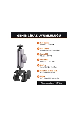 Newdaki Aksiyon Kamera Gidon Montaj Kelepçesi 360 Derece Alüminyum Bisiklet Motosiklet Tutucu Djı Osmo Action 6 Insta360 X5 Uyumlu Gri