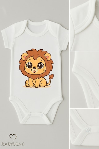 Babyden's %100 Pamuklu Sevimli Hayvan Figürlü Bebek Body Unisex Çıtçıtlı Kısa Kollu Zıbın Aslan Beyaz