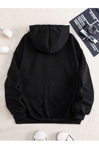 Baskısız Fermuarlı Hırka Sweatshirt - Siyah Oversize Kışlık Kalın Kapüşonlu Siyah
