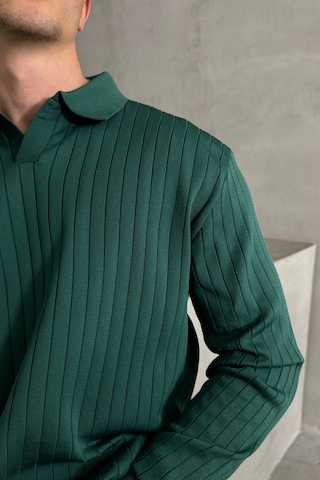 Erkek Polo Yaka Fitilli Oversize Triko Kazak Yeşil
