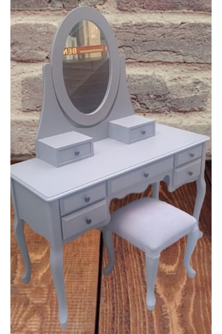 Dresuar Makyaj Masa 7 Çekmece Kayın Aslan Ayak Parlak Lake Gri Hareketli Ayna Kutu Sevk El Yapım Gri