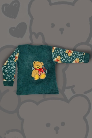 Kız Çocuk Göz Bantlı Peluş Polar Pijama Takımı Koyu Yeşil