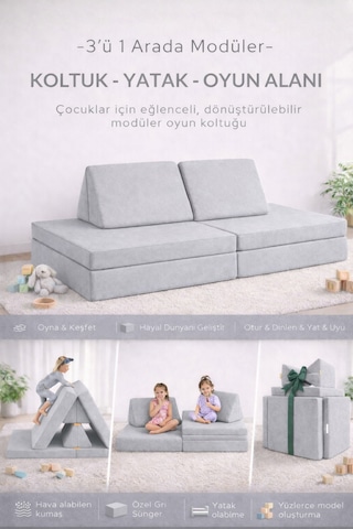 Katlanabilir Çocuk Koltuğu Yatak & Minder Çok Amaçlı Modüler Tasarım Gri