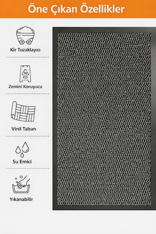 Nem Alıcı Kapı Önü Paspası 60x40 Cm %100 Polipropilen Pvc Kaymaz Taban İç & Dış Mekân Gri