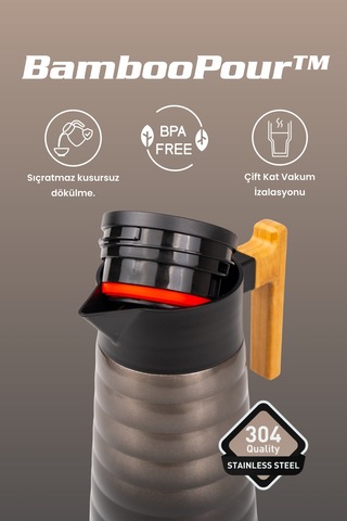 Cooker Bamboopour 2 Litre Paslanmaz Çelik Bambu Saplı Termos Ckr2097 Siyah