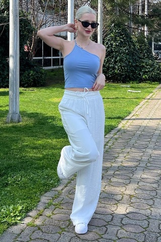 Madmext Beyaz Geniş Paça Kadın Pantolon Mg1982 Beyaz