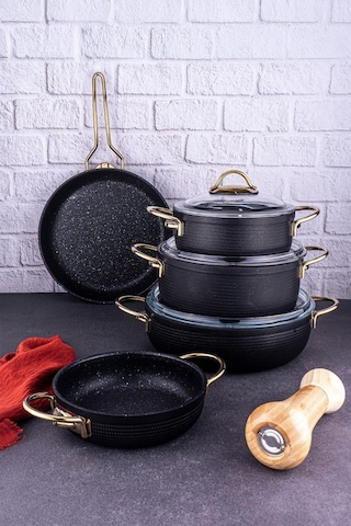 Bambum Node - 8 Parça Tencere Seti Siyah Siyah - Altın