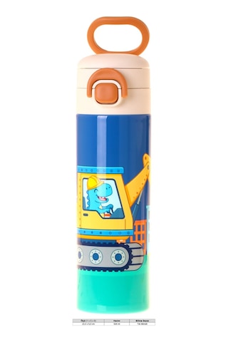 Kaukko Kids 520 Ml Dinazor Ve İş Makinesi Baskılı Mavi - Sarı Erkek Çocuk Çelik Termos Matara Çift İçim Kilitli Kapak - L5372