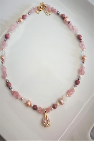 Badeaccessories Pembe Kuvars Kültür İncileri Rodonit Selenit Doğal Taş Kolye