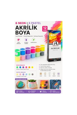 Neon Ve Pastel Akrilik Boya 12 Renk 1 Paket Monalisa 22 Ml 12 Li Akrilik Boya Resim Dersi Tuval Ahşap Taş Boya Seti Çok Renkli