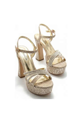 Giamgia Store Kadın Simli Taşlı Çapraz Bantlı Platform Kalın Topuklu Abiye Gelin Düğün Nişan Ayakkabısı-2272 Altın