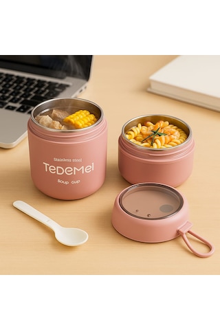 Dekorasyaa 2 Katlı Lunch Box - Pembe - Paslanmaz Çelik - Kaşıklı - Yemek Taşıma Kabı - 710ml Pembe