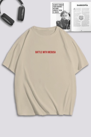Unisex Kadın Erkek Battle With Medusa Baskılı Özel Tasarım Oversize T-shirt Bej Mck0152 Bej