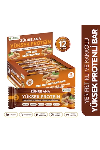 Yer Fıstıklı Ve Kakaolu Yüksek Proteinli Bar, Şeker İlavesiz 40 Gr X 12 Adet