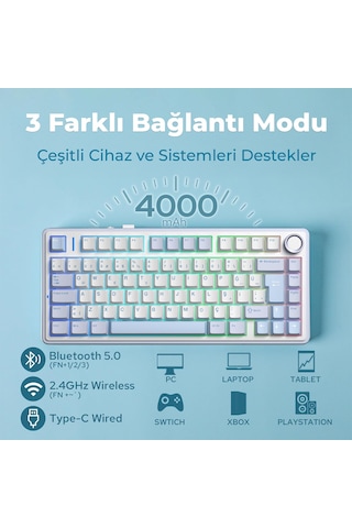 Aula F75 Mekanik Rgb Tkl Graywood V4 Switch Kablosuz Makrolu Hot Swap Türkçe Q Klavye Buz Mavisi